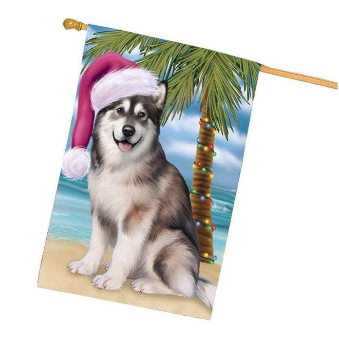 Christmas Holidays Summer Time Alaskan Malamute Puppy on Beach Wearing Santa Hat House Flag FLG146