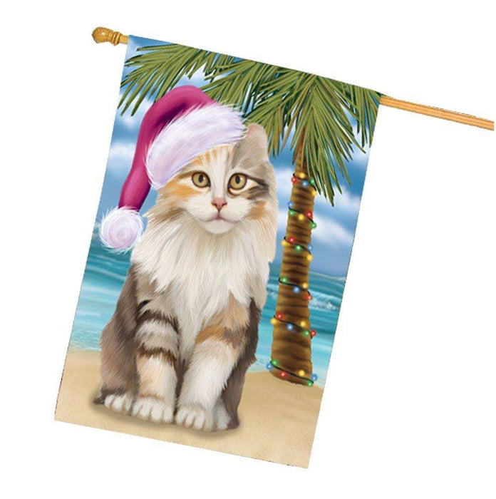 Christmas Holidays Summer Time American Curl Cat on Beach Wearing Santa Hat House Flag FLG161