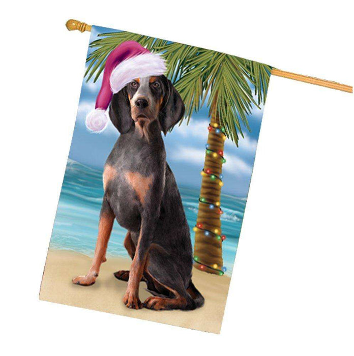Christmas Holidays Summer Time American English Coonhound Dog on Beach Wearing Santa Hat House Flag FLG162