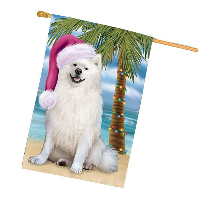 Christmas Holidays Summer Time American Eskimo Adult Dog on Beach Wearing Santa Hat House Flag FLG148