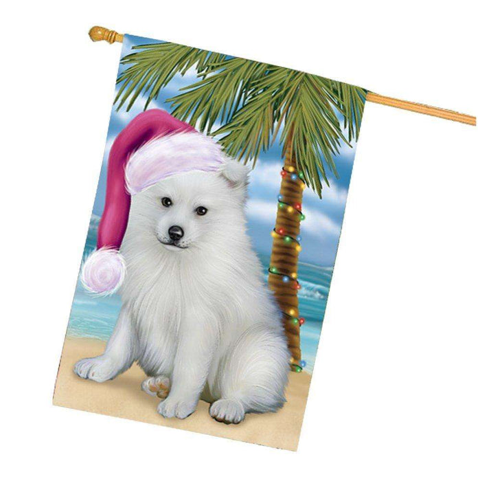 Christmas Holidays Summer Time American Eskimo Puppy on Beach Wearing Santa Hat House Flag FLG149