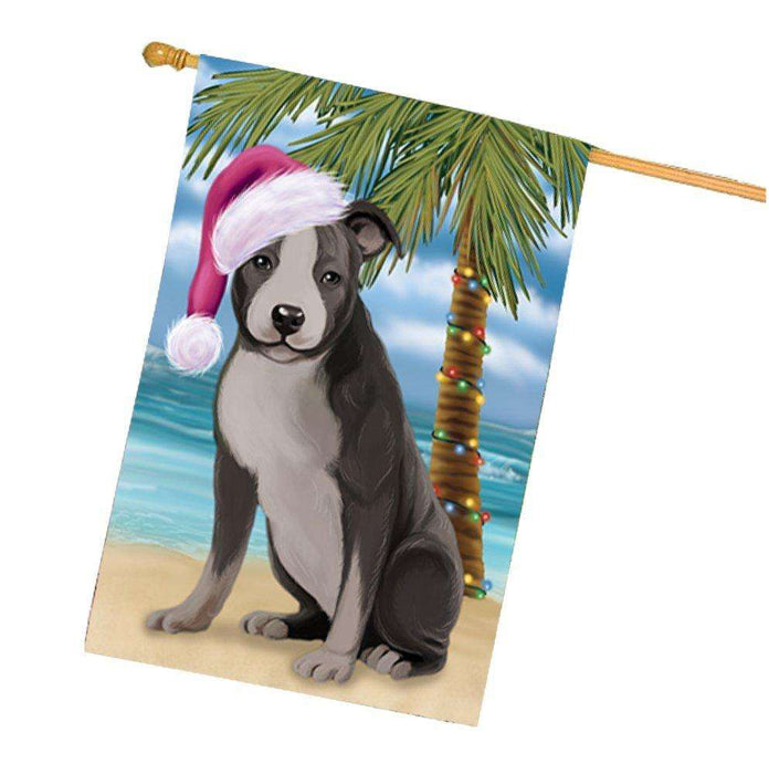 Christmas Holidays Summer Time American Staffordshire Dog on Beach Wearing Santa Hat House Flag FLG163