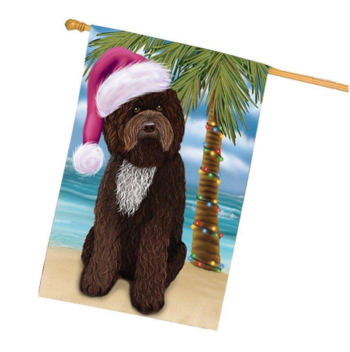 Christmas Holidays Summer Time Barbet Dog on Beach Wearing Santa Hat House Flag FLG164