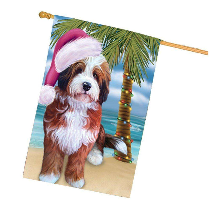 Christmas Holidays Summer Time Bernedoodle Dog on Beach Wearing Santa Hat House Flag FLG165