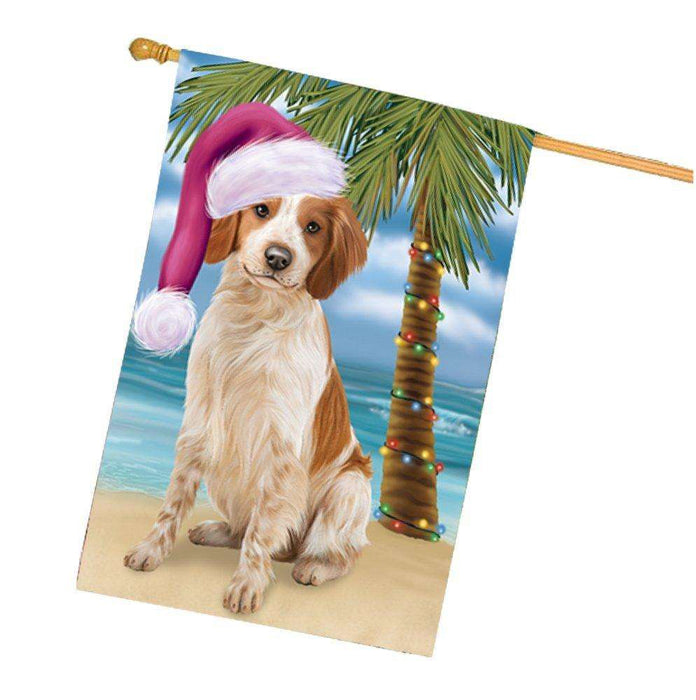 Christmas Holidays Summer Time Brittany Spaniel Dog on Beach Wearing Santa Hat House Flag FLG153