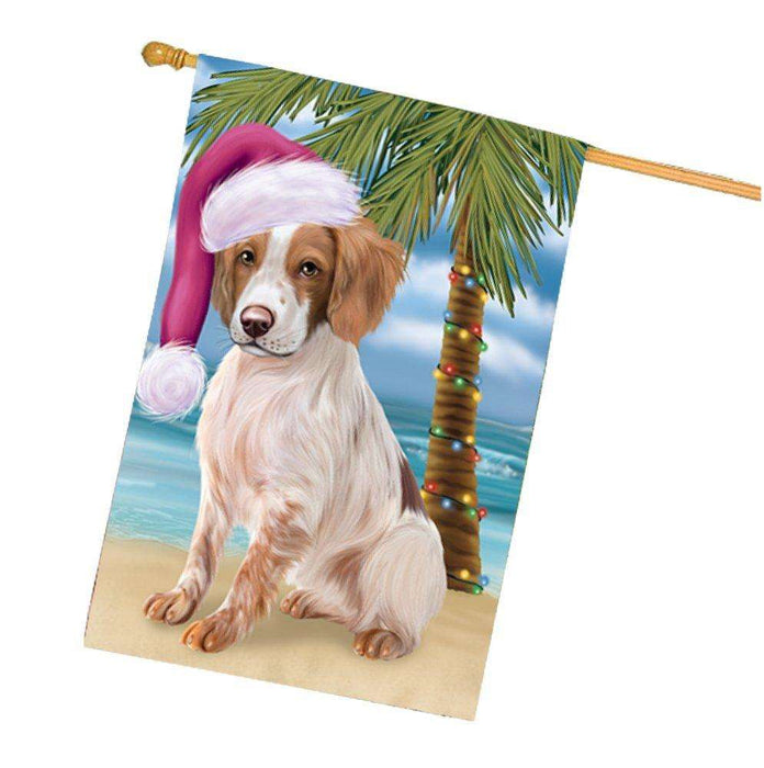Christmas Holidays Summer Time Brittany Spaniel Dog on Beach Wearing Santa Hat House Flag FLG154