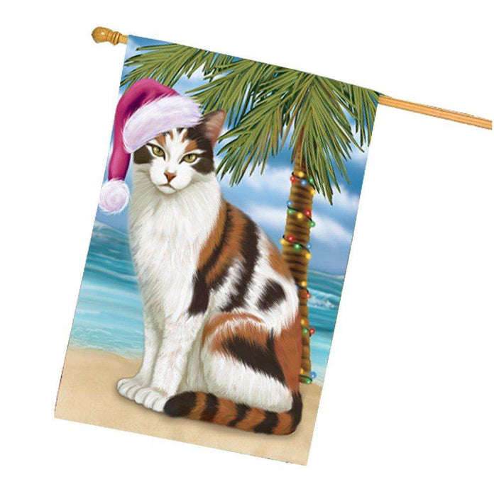 Christmas Holidays Summer Time Calico Cat on Beach Wearing Santa Hat House Flag FLG173