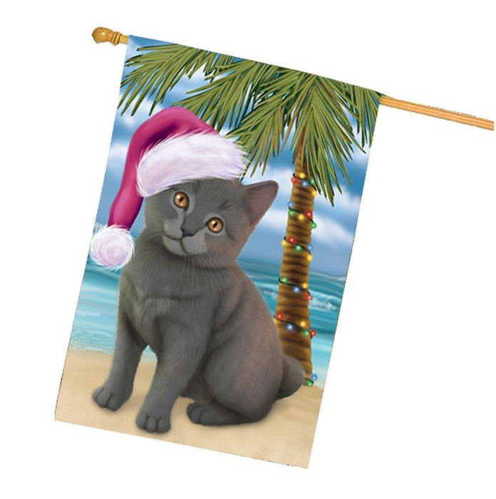Christmas Holidays Summer Time Chartreux Kitten on Beach Wearing Santa Hat House Flag FLG175