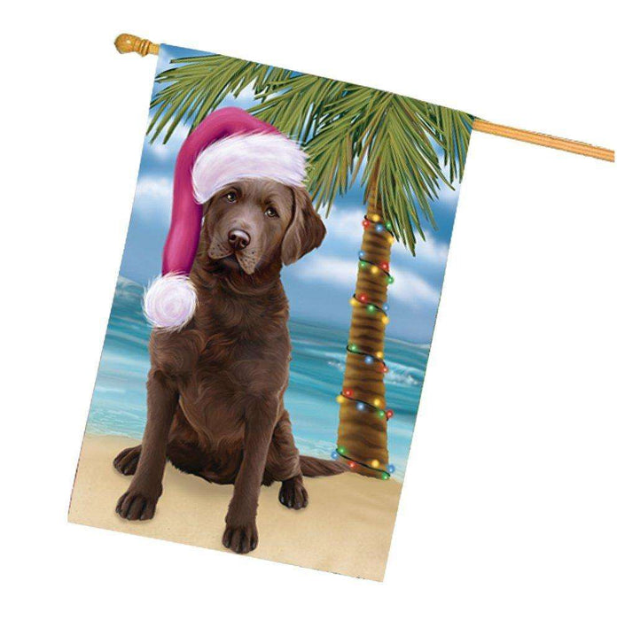 Christmas Holidays Summer Time Chesapeake Bay Retriever Adult Dog on Beach Wearing Santa Hat House Flag FLG155