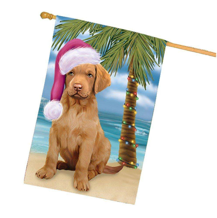 Christmas Holidays Summer Time Chesapeake Bay Retriever Adult Dog on Beach Wearing Santa Hat House Flag FLG156