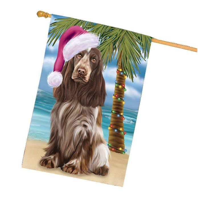 Christmas Holidays Summer Time Cocker Spaniel Dog on Beach Wearing Santa Hat House Flag FLG178