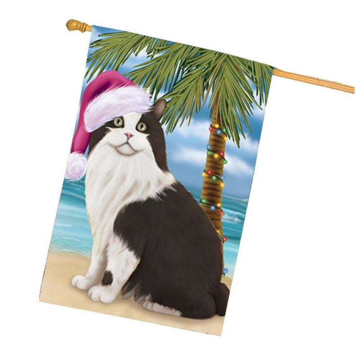 Christmas Holidays Summer Time Cymric Black and White Cat on Beach Wearing Santa Hat House Flag FLG180