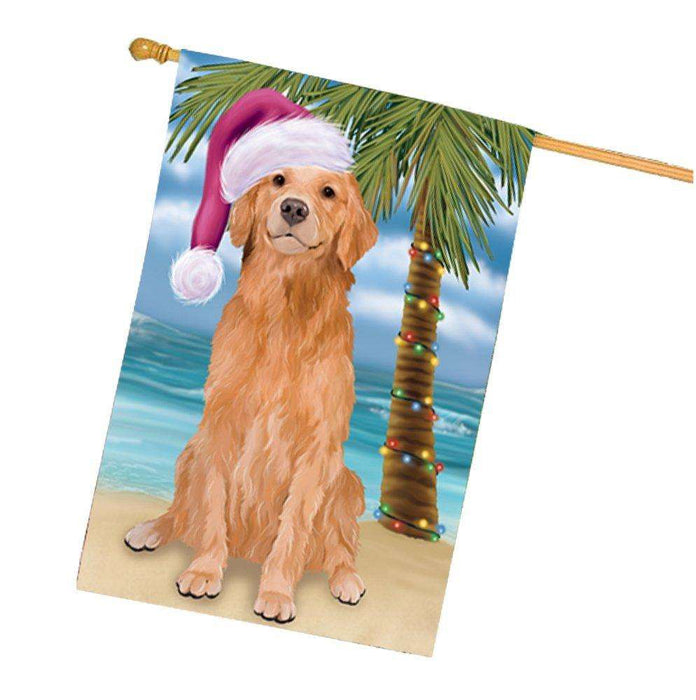 Christmas Holidays Summer Time Golden Retriever Dog on Beach Wearing Santa Hat House Flag FLG183