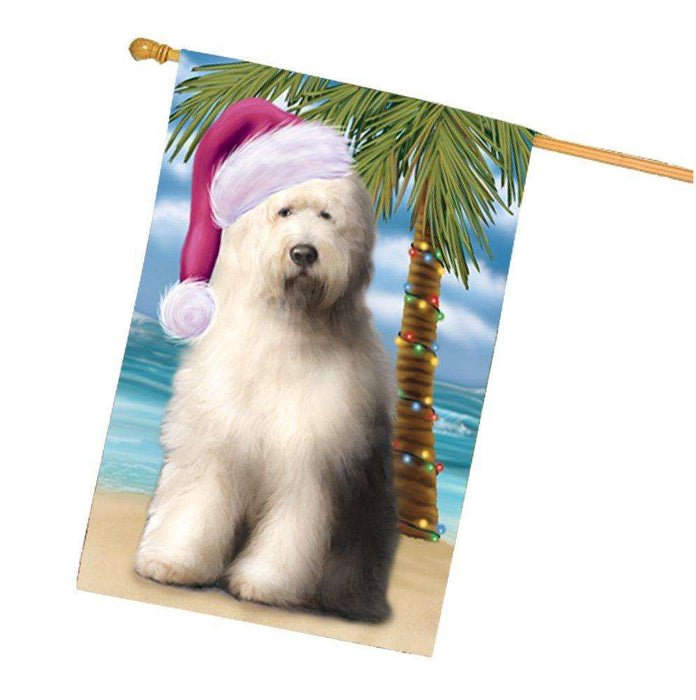 Christmas Holidays Summer Time Old English Sheepdog on Beach Wearing Santa Hat House Flag FLG188