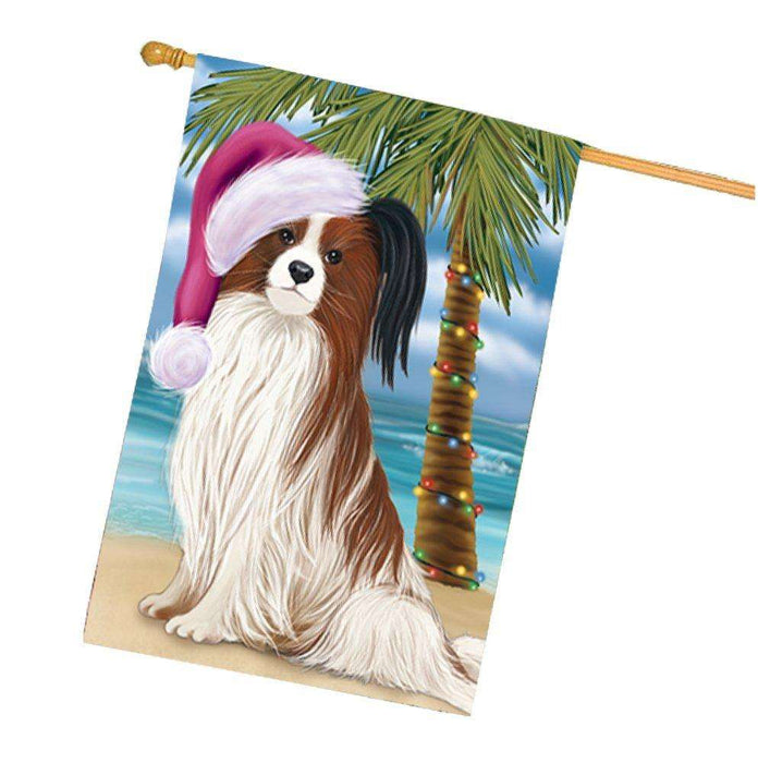 Christmas Holidays Summer Time Papillon Dog on Beach Wearing Santa Hat House Flag FLG190