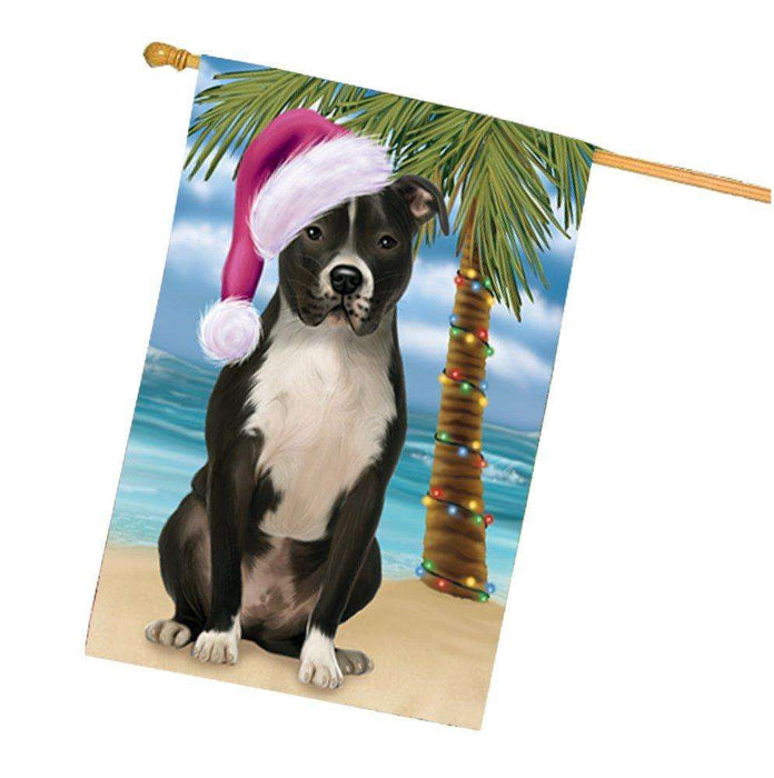 Christmas Holidays Summer Time Pit Bull Dog on Beach Wearing Santa Hat House Flag FLG192