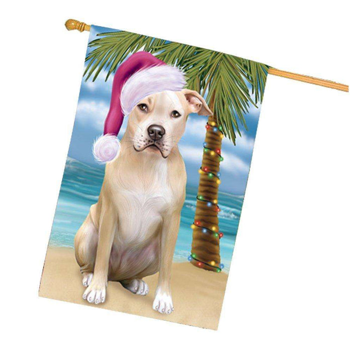 Christmas Holidays Summer Time Pit Bull Dog on Beach Wearing Santa Hat House Flag FLG193