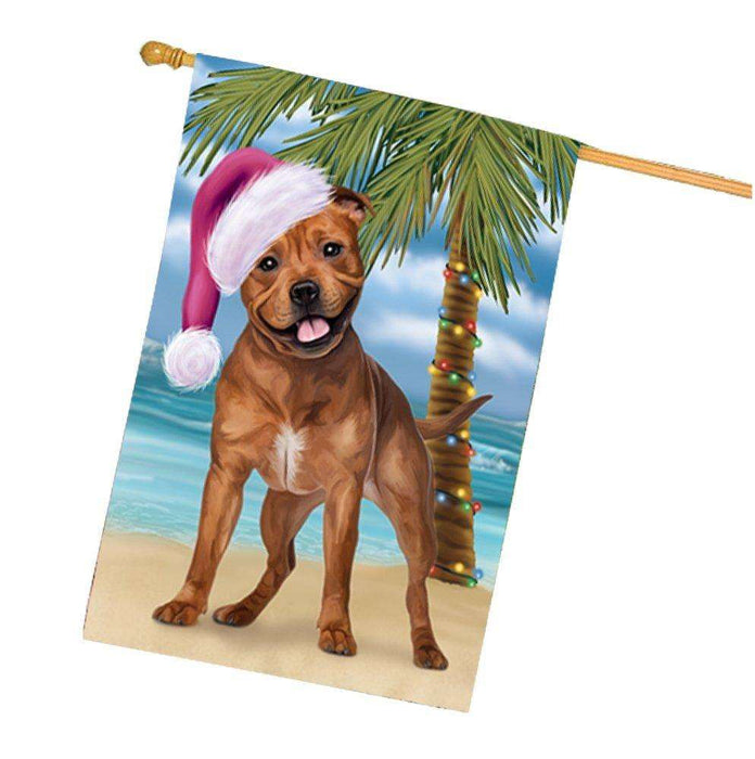 Christmas Holidays Summer Time Pit Bull Dog on Beach Wearing Santa Hat House Flag FLG195