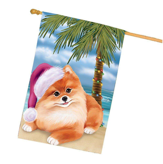 Christmas Holidays Summer Time Pomeranian Dog on Beach Wearing Santa Hat House Flag FLG196