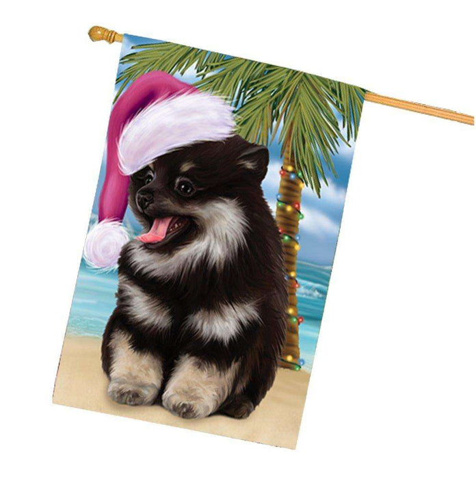 Christmas Holidays Summer Time Pomeranian Spitz Dog on Beach Wearing Santa Hat House Flag FLG197