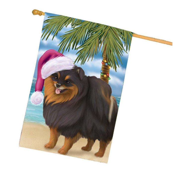 Christmas Holidays Summer Time Pomeranian Spitz Dog on Beach Wearing Santa Hat House Flag FLG198