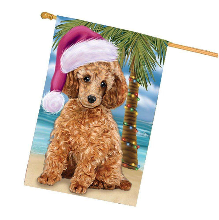 Christmas Holidays Summer Time Poodle Dog on Beach Wearing Santa Hat House Flag FLG199