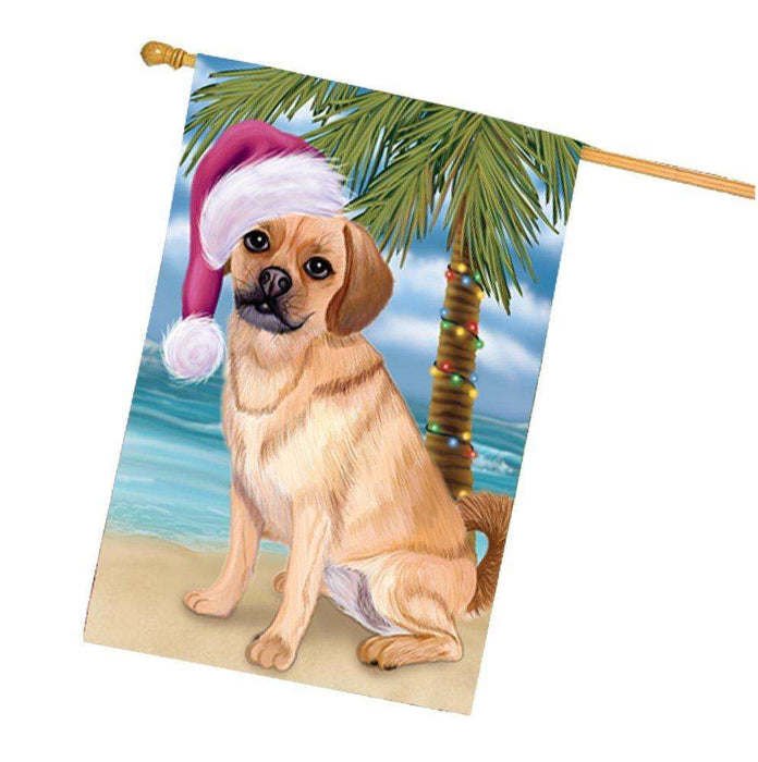 Christmas Holidays Summer Time Puggle Dog on Beach Wearing Santa Hat House Flag FLG204