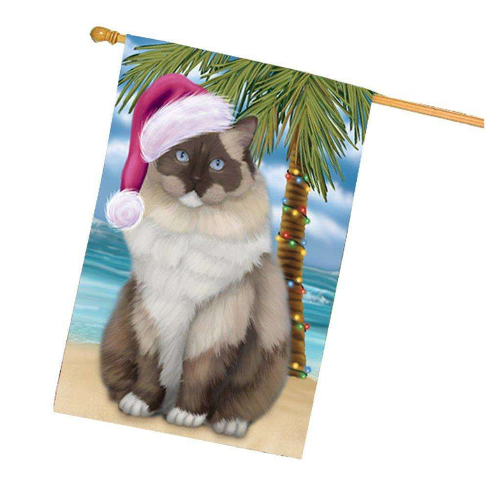 Christmas Holidays Summer Time Ragdoll Cat on Beach Wearing Santa Hat House Flag FLG205