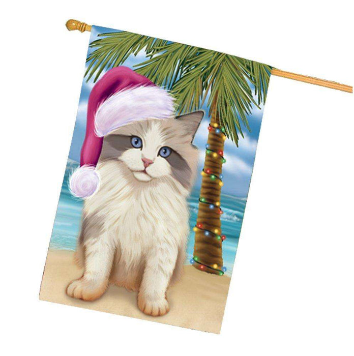 Christmas Holidays Summer Time Ragdoll Kitten on Beach Wearing Santa Hat House Flag FLG206