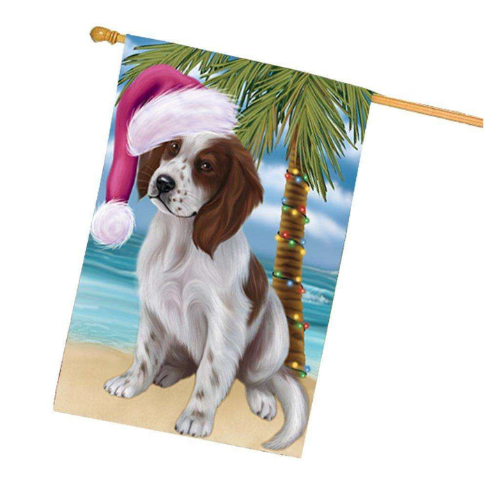 Christmas Holidays Summer Time Red and White Irish Setter Dog on Beach Wearing Santa Hat House Flag FLG207