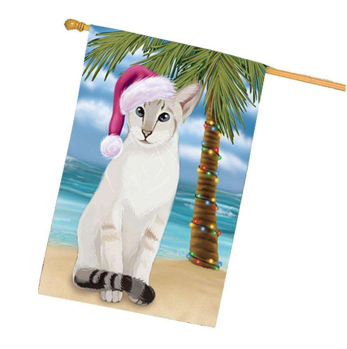Christmas Holidays Summer Time Siamese Cat on Beach Wearing Santa Hat House Flag FLG189