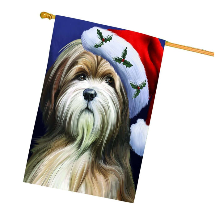 Christmas Holidays Tibetan Terrier Dog Wearing Santa Hat Portrait Head House Flag FLG103