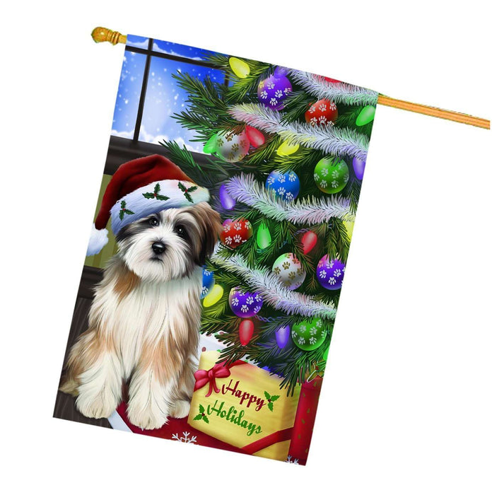 Christmas Holidays Tibetan Terrier Dog Wearing Santa Hat with Tree and Presents House Flag HFLG004