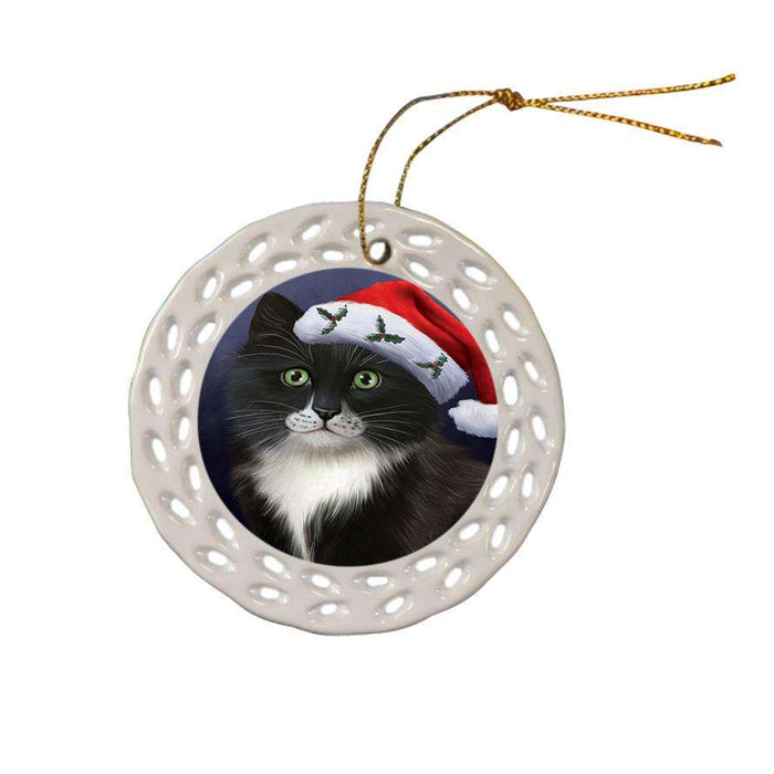 Christmas Holidays Tuxedo Cat Wearing Santa Hat Portrait Head Ceramic Doily Ornament DPOR53506