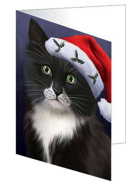 Christmas Holidays Tuxedo Cat Wearing Santa Hat Portrait Head Handmade Artwork Assorted Pets Greeting Cards and Note Cards with Envelopes for All Occasions and Holiday Seasons GCD64547