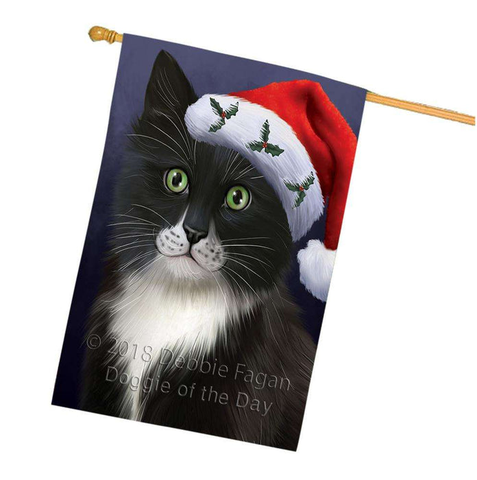 Christmas Holidays Tuxedo Cat Wearing Santa Hat Portrait Head House Flag FLG53704