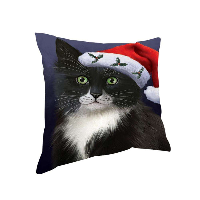 Christmas Holidays Tuxedo Cat Wearing Santa Hat Portrait Head Pillow PIL70648