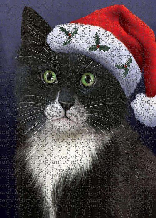 Christmas Holidays Tuxedo Cat Wearing Santa Hat Portrait Head Puzzle with Photo Tin PUZL81180