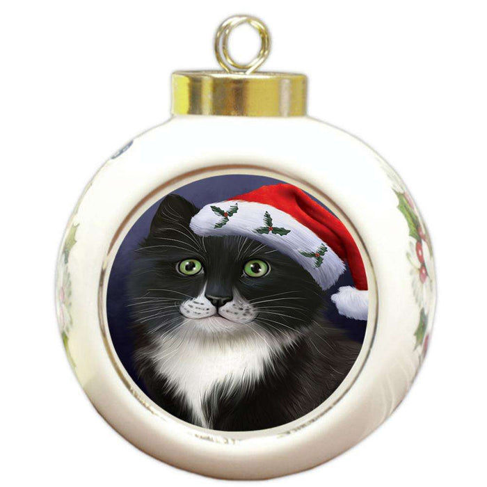 Christmas Holidays Tuxedo Cat Wearing Santa Hat Portrait Head Round Ball Christmas Ornament RBPOR53506