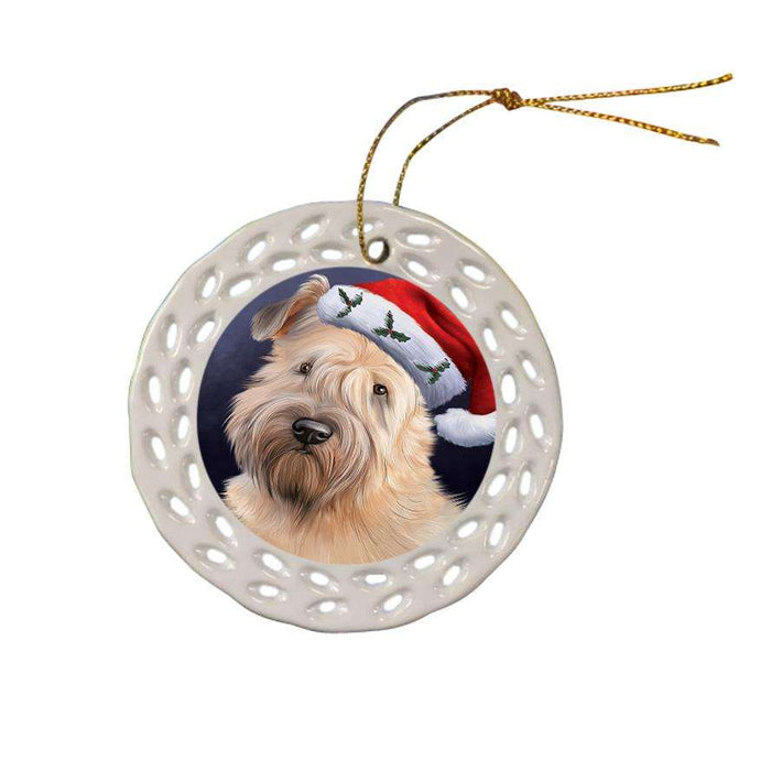 Christmas Holidays Wheaten Terrier Dog Wearing Santa Hat Portrait Head Ceramic Doily Ornament DPOR53507