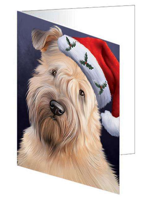 Christmas Holidays Wheaten Terrier Dog Wearing Santa Hat Portrait Head Handmade Artwork Assorted Pets Greeting Cards and Note Cards with Envelopes for All Occasions and Holiday Seasons GCD64550