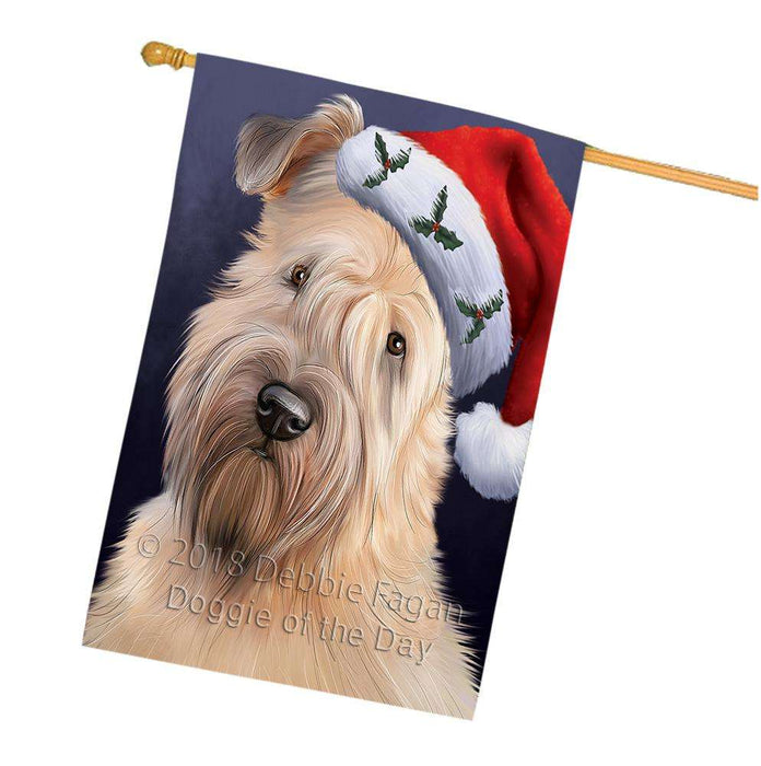 Christmas Holidays Wheaten Terrier Dog Wearing Santa Hat Portrait Head House Flag FLG53705