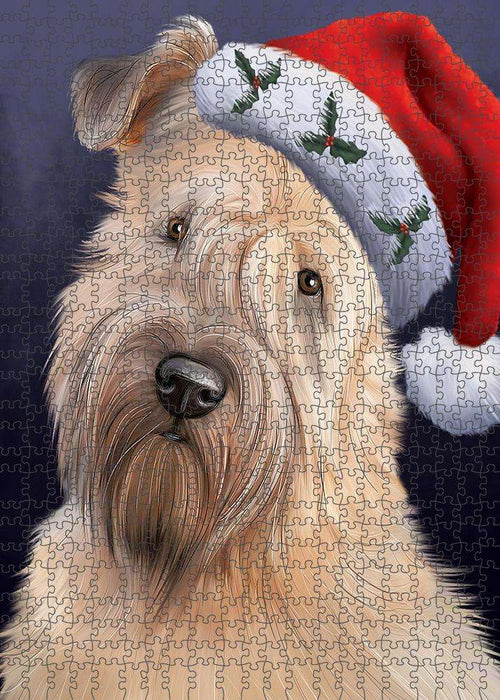 Christmas Holidays Wheaten Terrier Dog Wearing Santa Hat Portrait Head Puzzle with Photo Tin PUZL81184