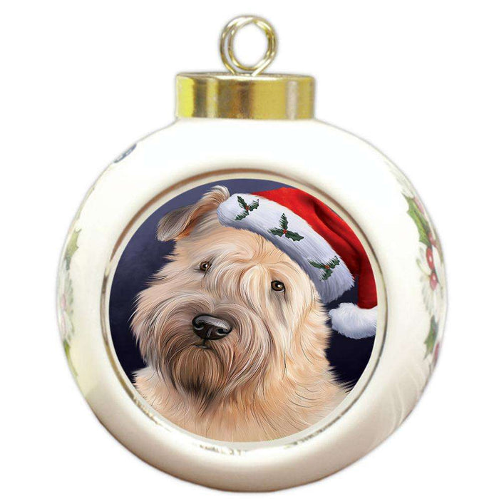 Christmas Holidays Wheaten Terrier Dog Wearing Santa Hat Portrait Head Round Ball Christmas Ornament RBPOR53507