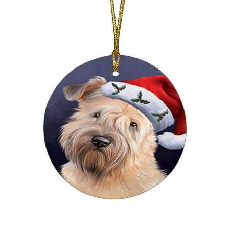 Christmas Holidays Wheaten Terrier Dog Wearing Santa Hat Portrait Head Round Flat Christmas Ornament RFPOR53498