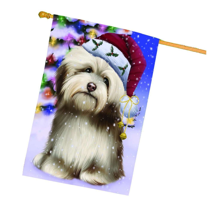 Christmas Holidays Winter Wonderland Havanese Adult Dog Wearing Santa Hat House Flag FLG109