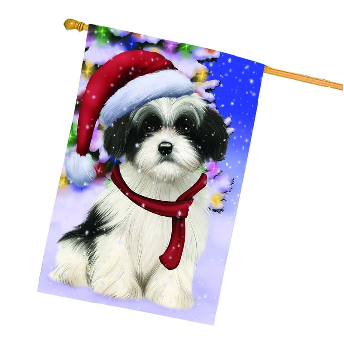 Christmas Holidays Winter Wonderland Havanese Puppy Wearing Santa Hat House Flag FLG110