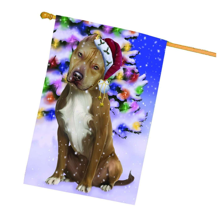 Christmas Holidays Winter Wonderland Pit Bull Adult Dog Wearing Santa Hat House Flag FLG111