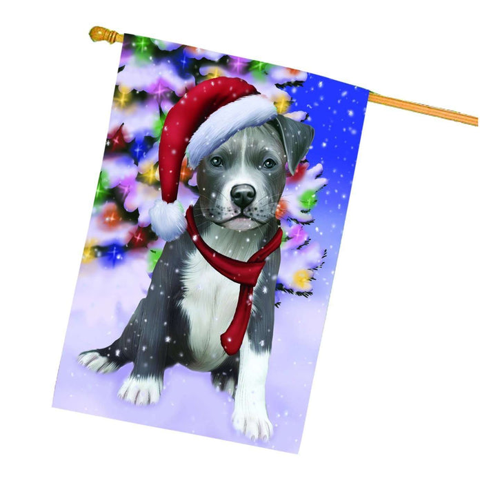 Christmas Holidays Winter Wonderland Pit Bull Puppy Wearing Santa Hat House Flag FLG112