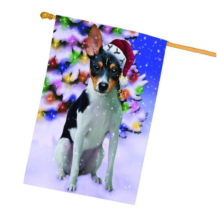 Christmas Holidays Winter Wonderland Rat Terrier Adult Dog Wearing Santa Hat House Flag FLG113
